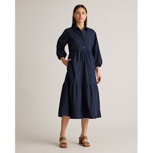 Quince Navy Blue Tiered Cotton Shirt Dress